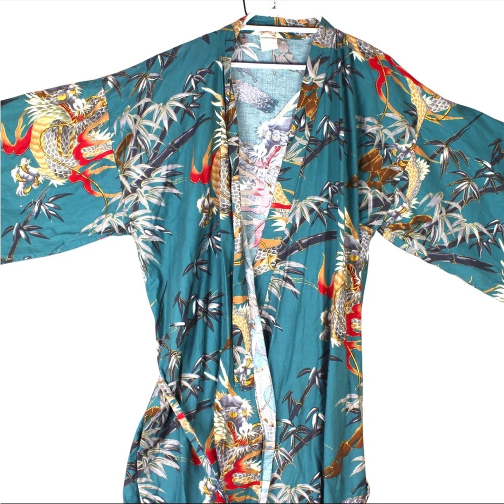 Vintage Japanese Kimono Dragon Tiger Paint 100% Cotton Teal Belted One Size - Picture 4 of 12